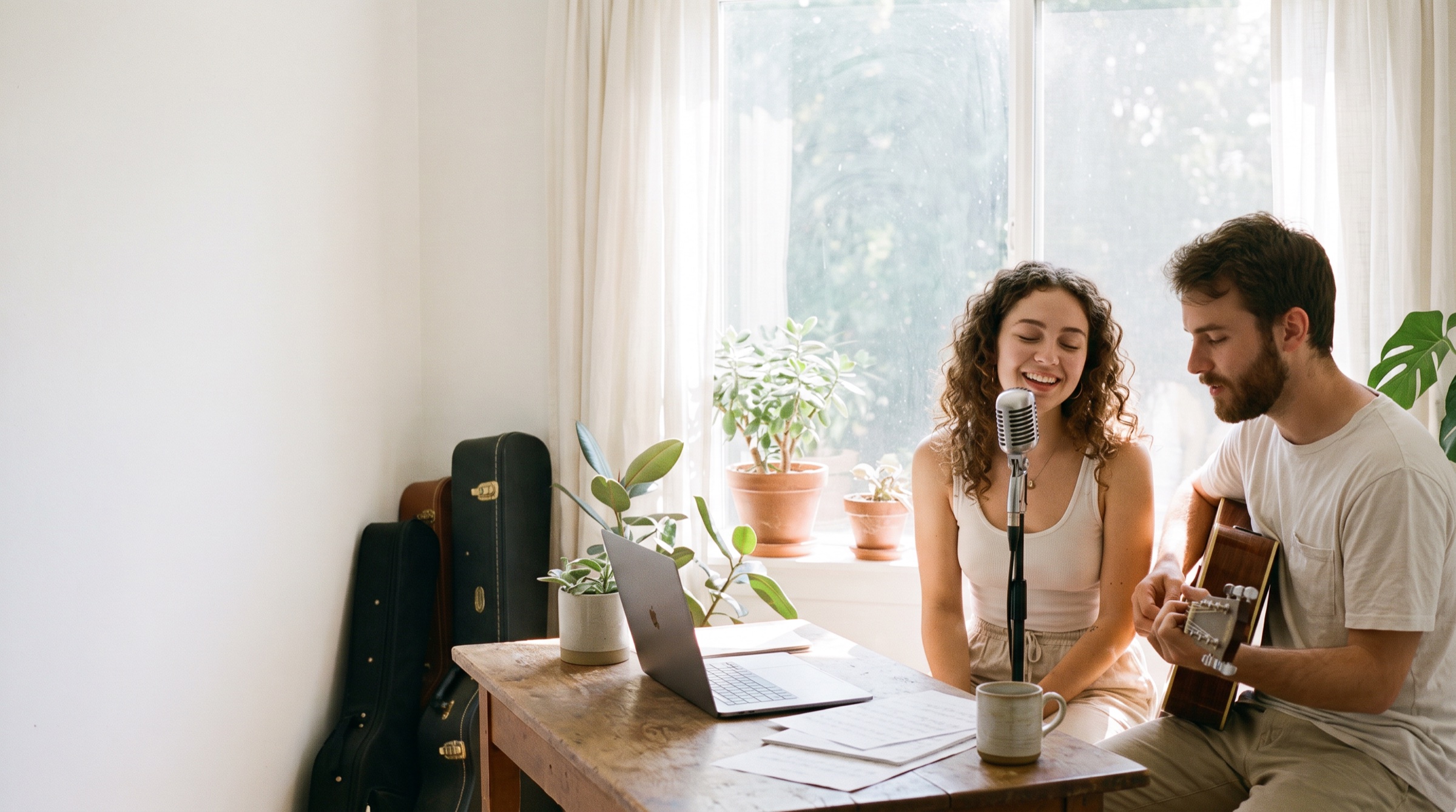 Two musicians collaborating on a song in a sunlit room